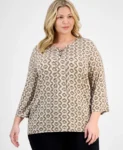 JM Collection Plus Size Printed Lace-Up Top