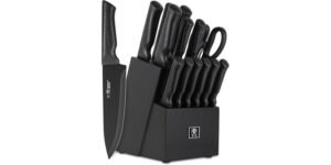 15-Piece Kitchen Knife Set with Block – Full 15-piece set with a storage block covering the core kitchen blades — chef, slicing, bread, and paring knives plus shears and a sharpener.