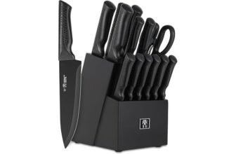 15-Piece Kitchen Knife Set with Block – Full 15-piece set with a storage block covering the core kitchen blades — chef, slicing, bread, and paring knives plus shears and a sharpener.