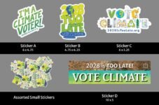 FREE Climate & Democracy Sticker Packets – Three sticker packets to choose from: New Items, English-language, and Spanish-language, each in Small, Medium or Large