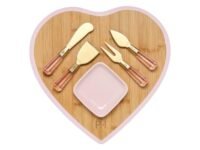 Paris Hilton 6-Piece Charcuterie Board and Serving Set – Heart-shaped bamboo board, ceramic dip dish, and 4 cheese tools