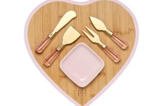 Paris Hilton 6-Piece Charcuterie Board and Serving Set – Heart-shaped bamboo board, ceramic dip dish, and 4 cheese tools