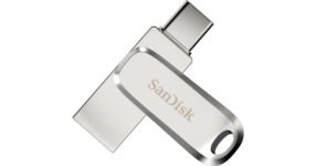 SanDisk Ultra Dual Drive Luxe 128GB USB Flash Drive – 128GB with both USB-C and USB-A connectors.