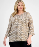 JM Collection Plus Size Printed Lace-Up Top